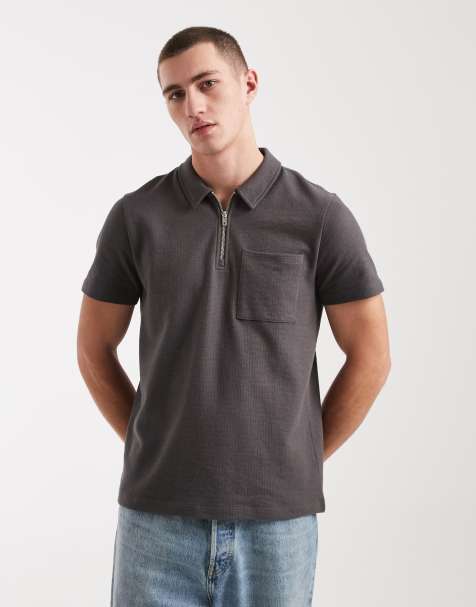New Look textured zip polo shirt in dark grey - view 1