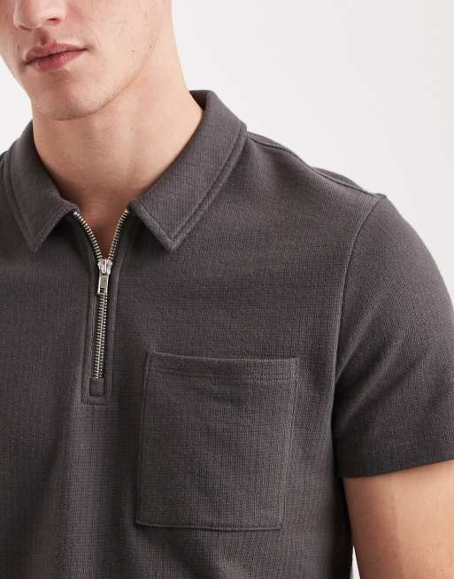 New Look textured zip polo shirt in dark grey, 5 of 5