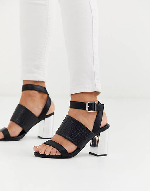 New Look thick strap detail low metallic block heel in black | ASOS