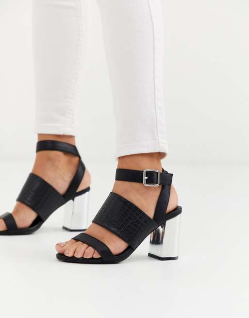 New Look thick strap detail low metallic block heel in black | ASOS