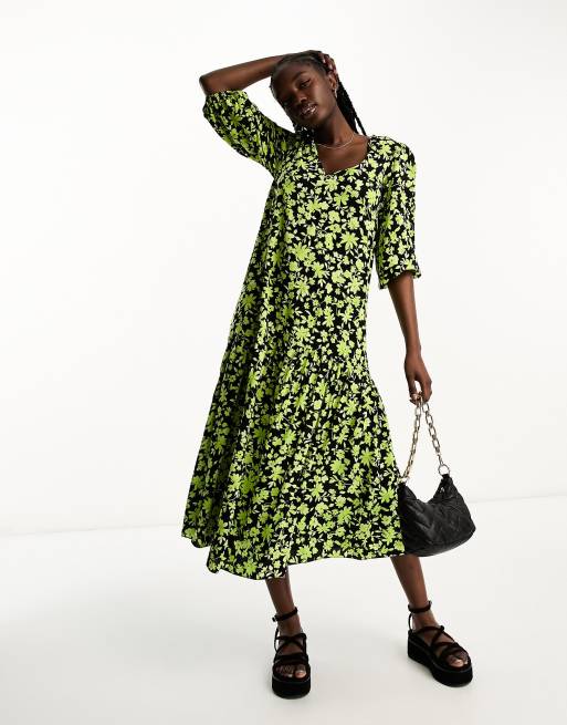 New Look tie back 3 4 sleeve midi dress in green floral