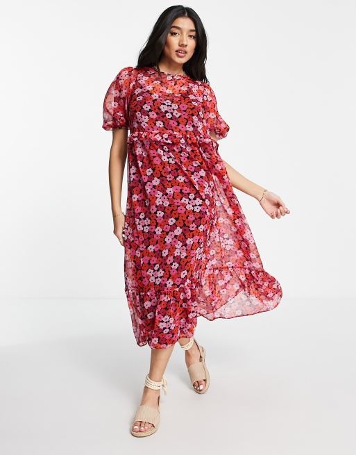 New Look tie back chiffon tiered midi dress in pink floral | ASOS