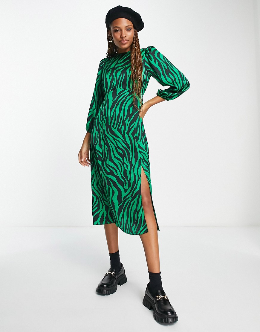 New Look tie back side split midi dress in green zebra print