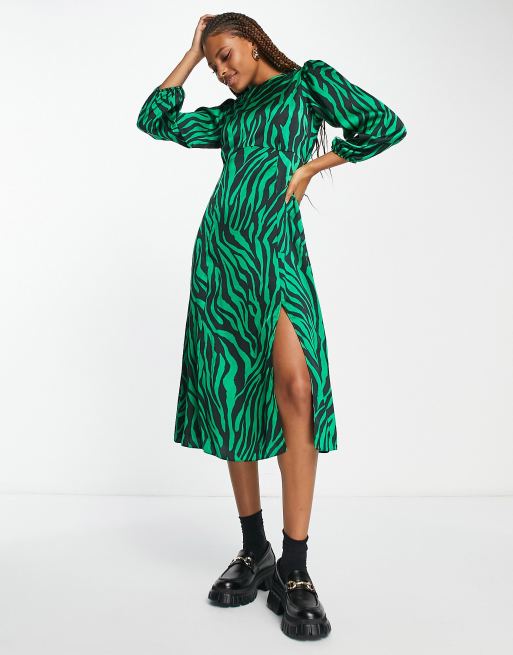 New Look tie back side split midi dress in green zebra print ASOS