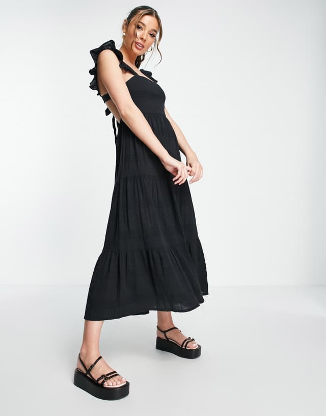 New Look tie back tiered midi dress in black