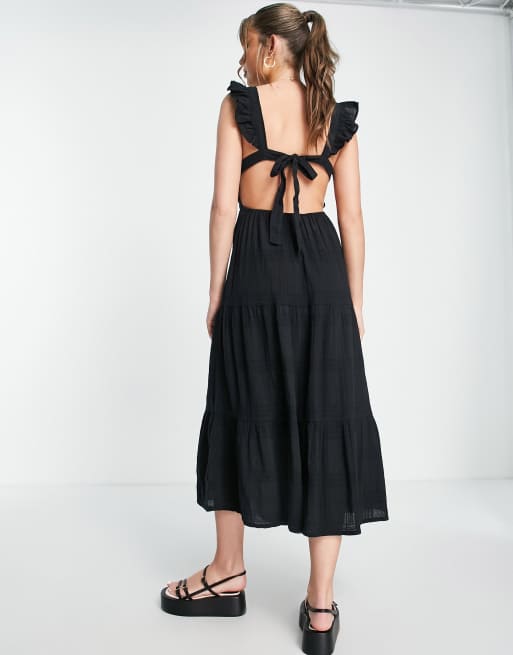 New Look tie back tiered midi dress in black, 2 of 4