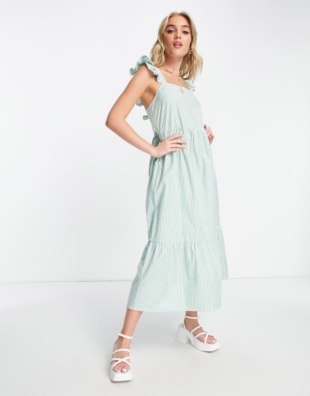 New Look tie back tiered midi dress in green candy stripe