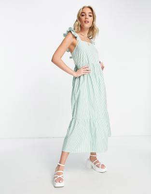 New Look Tie Back Tiered Midi Dress In Green Stripe