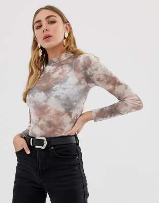 New Look tie dye mesh high neck top in grey pattern | ASOS