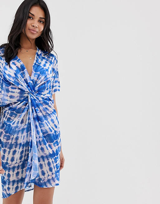 New Look tie dye twist front beach cover up in blue