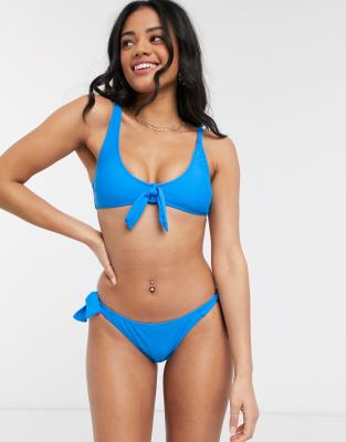 New Look tie front bikini top in blue - view 1