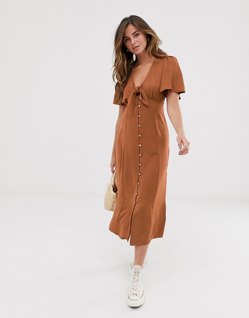 New Look tie front button down dress in rust