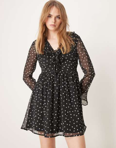 New Look tie front chiffon mini dress in black spot - view 1