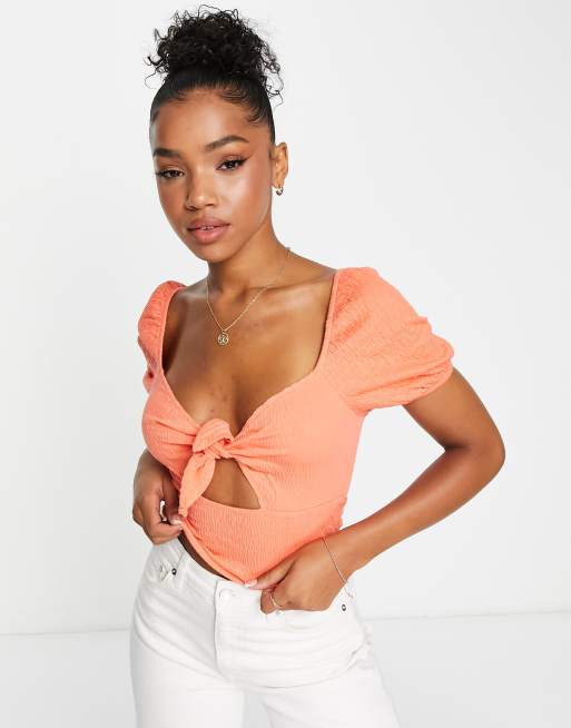 New Look tie front cropped top in orange