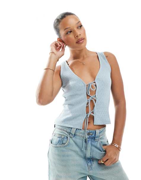 New Look tie front jersey singlet in blue - view 1