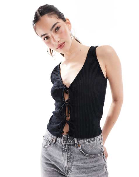New Look tie front jersey vest in black - view 1