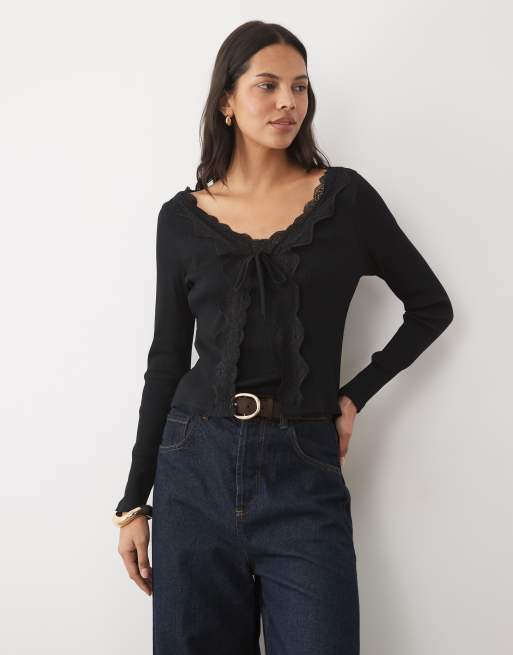 New Look tie front lace trim top in black, 2 of 4