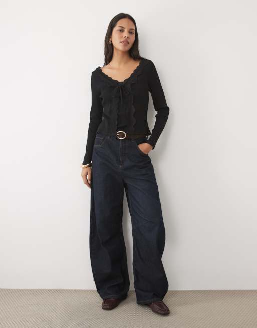 New Look tie front lace trim top in black, 3 of 4
