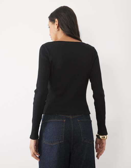 New Look tie front lace trim top in black, 4 of 4