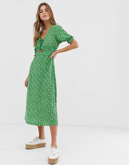 ASOS Damen Kleidung Kleider Bedruckte Kleider Tie front midi tea dress with godets in green mixed floral print 