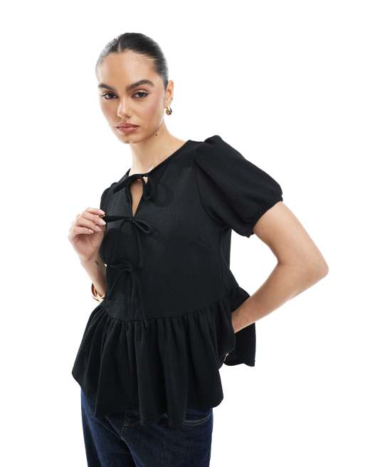 New Look tie front peplum top in black