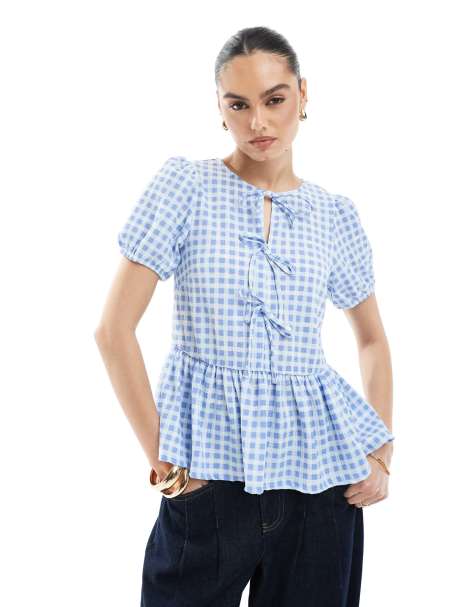 New Look tie front peplum top in blue gingham - view 1