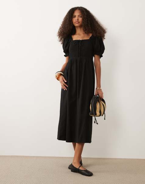 New Look tie front shirred midi dress in black - view 1