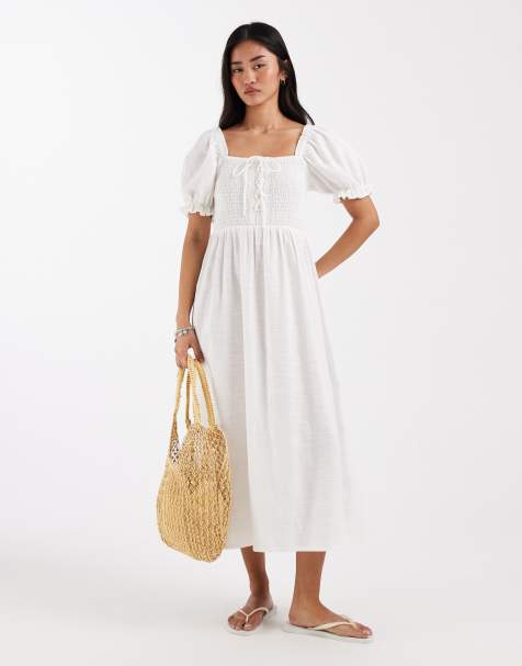 New Look tie front shirred midi dress in white - view 1