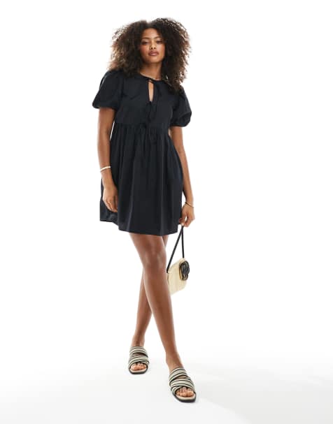 New Look tie front smock mini dress in black - view 1
