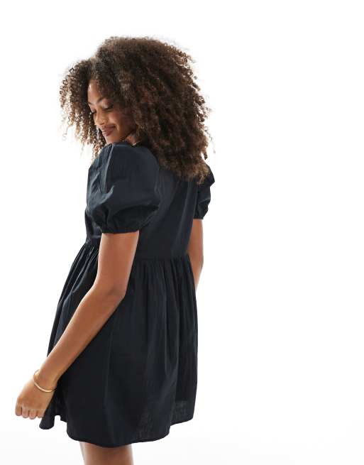 New Look tie front smock mini dress in black, 2 of 4
