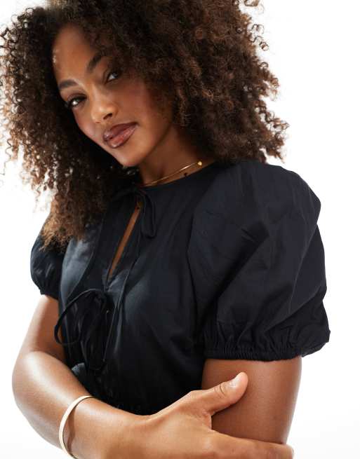 New Look tie front smock mini dress in black, 3 of 4