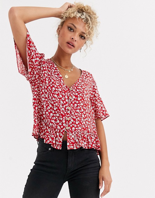 New Look tie front top in red ditsy floral print