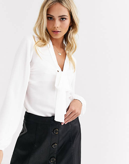New Look tie neck blouse in off white