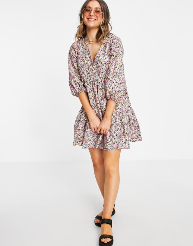 New Look tie neck poplin smock mini dress in black floral