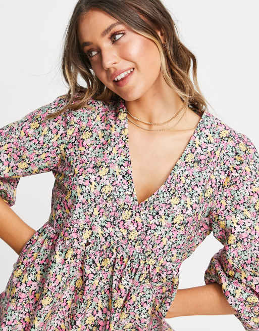 New Look tie neck poplin smock mini dress in black floral, 3 of 4