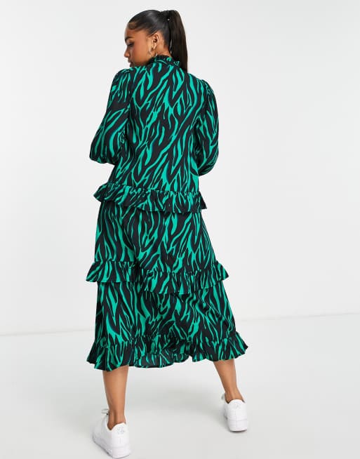 New Look tie neck tiered midi dress in green zebra