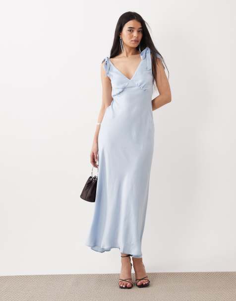New Look tie shoulder satin midi dress in light blue