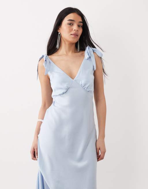 New Look tie shoulder satin midi dress in light blue, 2 of 4