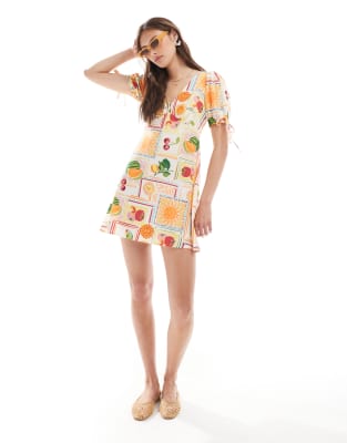 [New Look] New Look tie sleeve mini dress in tropical print-White 18 Cream pattern