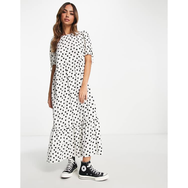 New Look tie sleeve smock dress in white polka dot ASOS