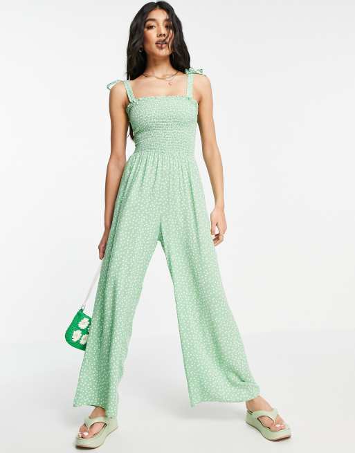 New Look Tie Strap Shirred Jumpsuit In Khaki Polka Dot Asos