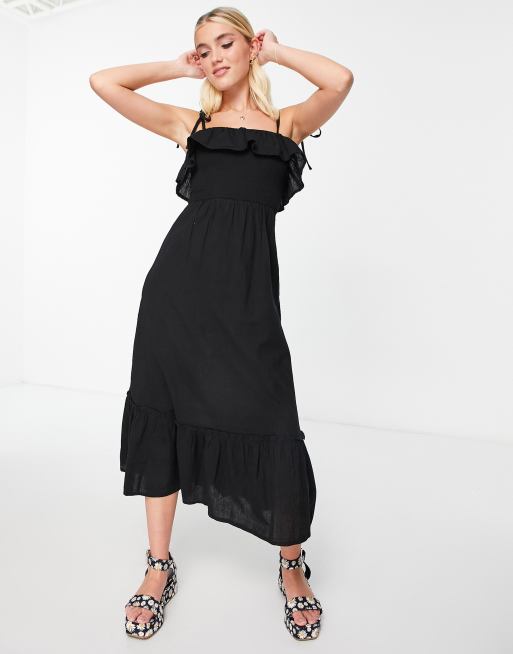 New Look tie strap shirred midi dress in black | ASOS