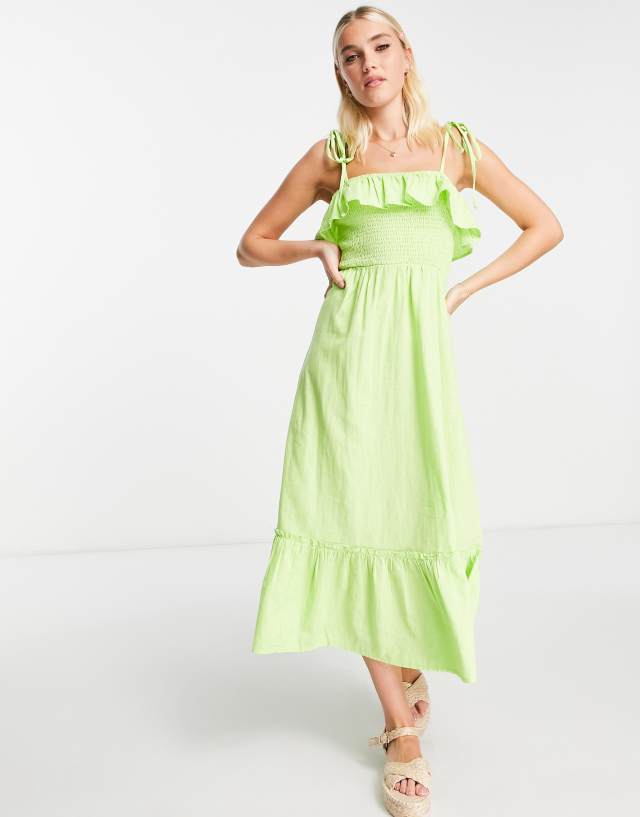 New Look tie strap shirred midi dress in light green