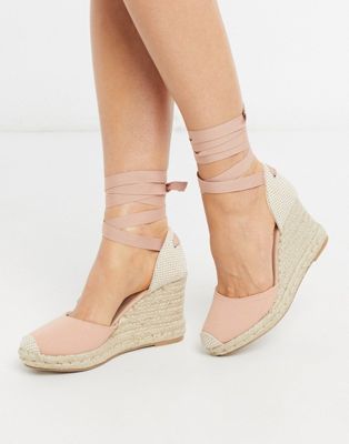 New Look tie up canvas wedges in pink | ASOS