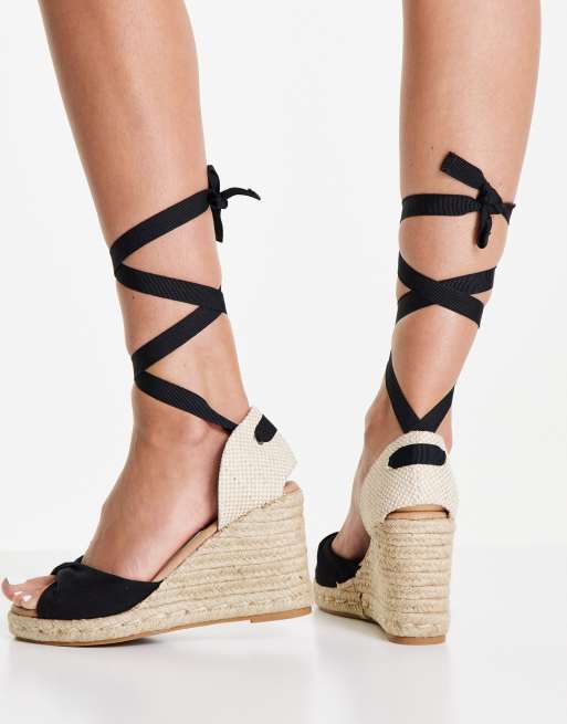 Åbent Engager Tarif New Look tie up espadrille wedge heel sandal in black | ASOS