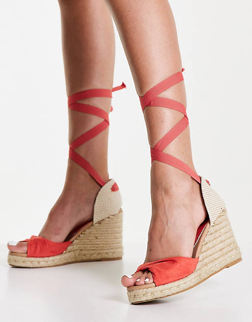 New Look tie up espadrille wedge heel sandals in coral | ASOS