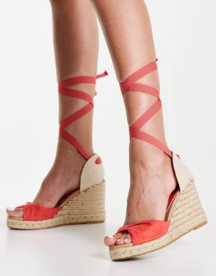 New Look tie up espadrille wedge heel sandals in coral