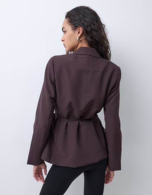 New Look tie waist blazer co-ord in dark brown, 3 of 4