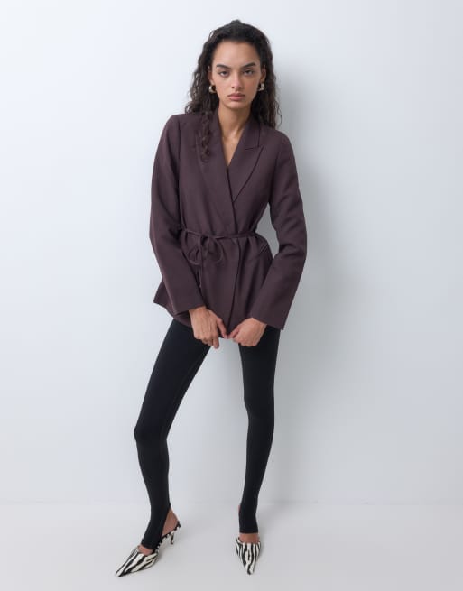 New Look tie waist blazer co-ord in dark brown, 4 of 4