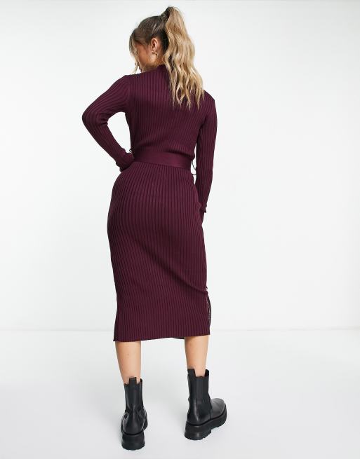 New Look tie waist knitted dress in burgundy, 2 of 4